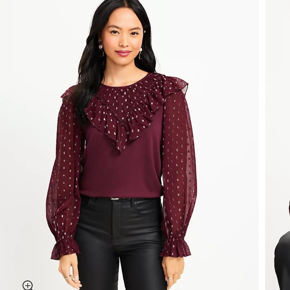 Loft Shimmer Dotted Ruffle Yoke Mixed Media Top in Crushed Blackberry, Size Med - Picture 3 of 17